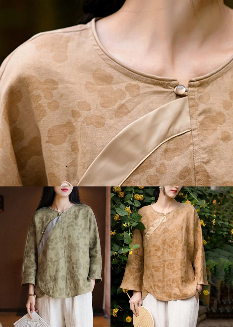 Yellow Button Print Linen Blouses O Neck Long Sleeve Cg1045