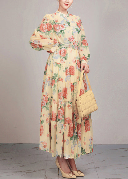 Yellow Button Sashes Cotton Long Dress Stand Collar Fall Ar1030