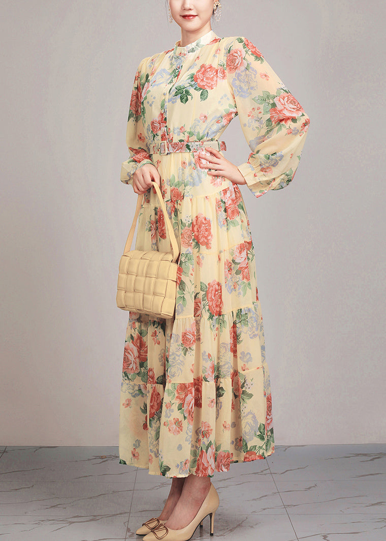 Yellow Button Sashes Cotton Long Dress Stand Collar Fall Ar1030