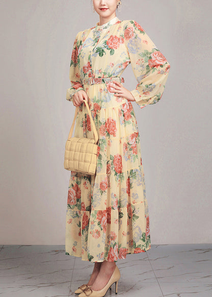 Yellow Button Sashes Cotton Long Dress Stand Collar Fall Ar1030