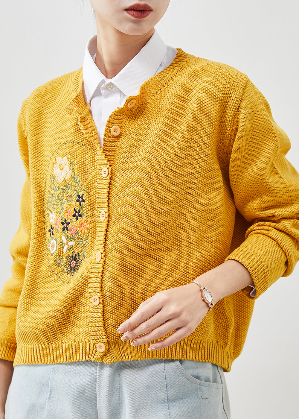 Yellow Knit Cardigans Embroidered Button Spring Yu1042