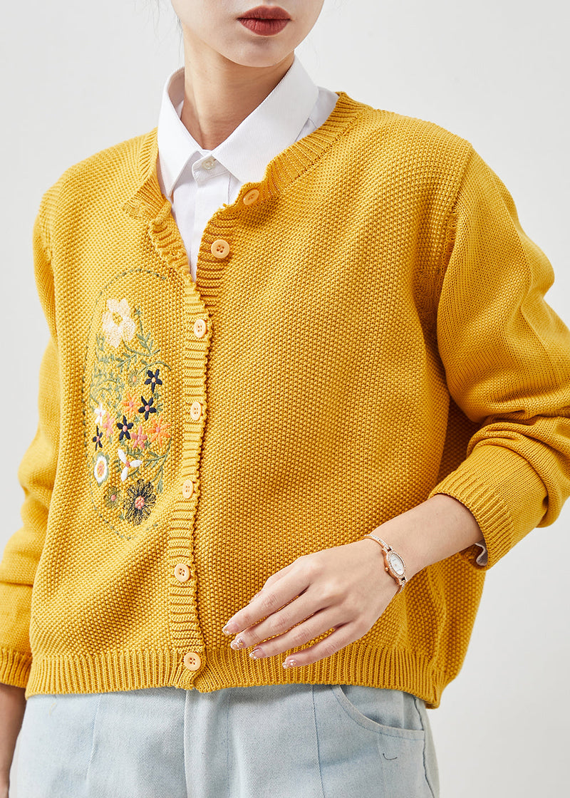 Yellow Knit Cardigans Embroidered Button Spring Yu1042