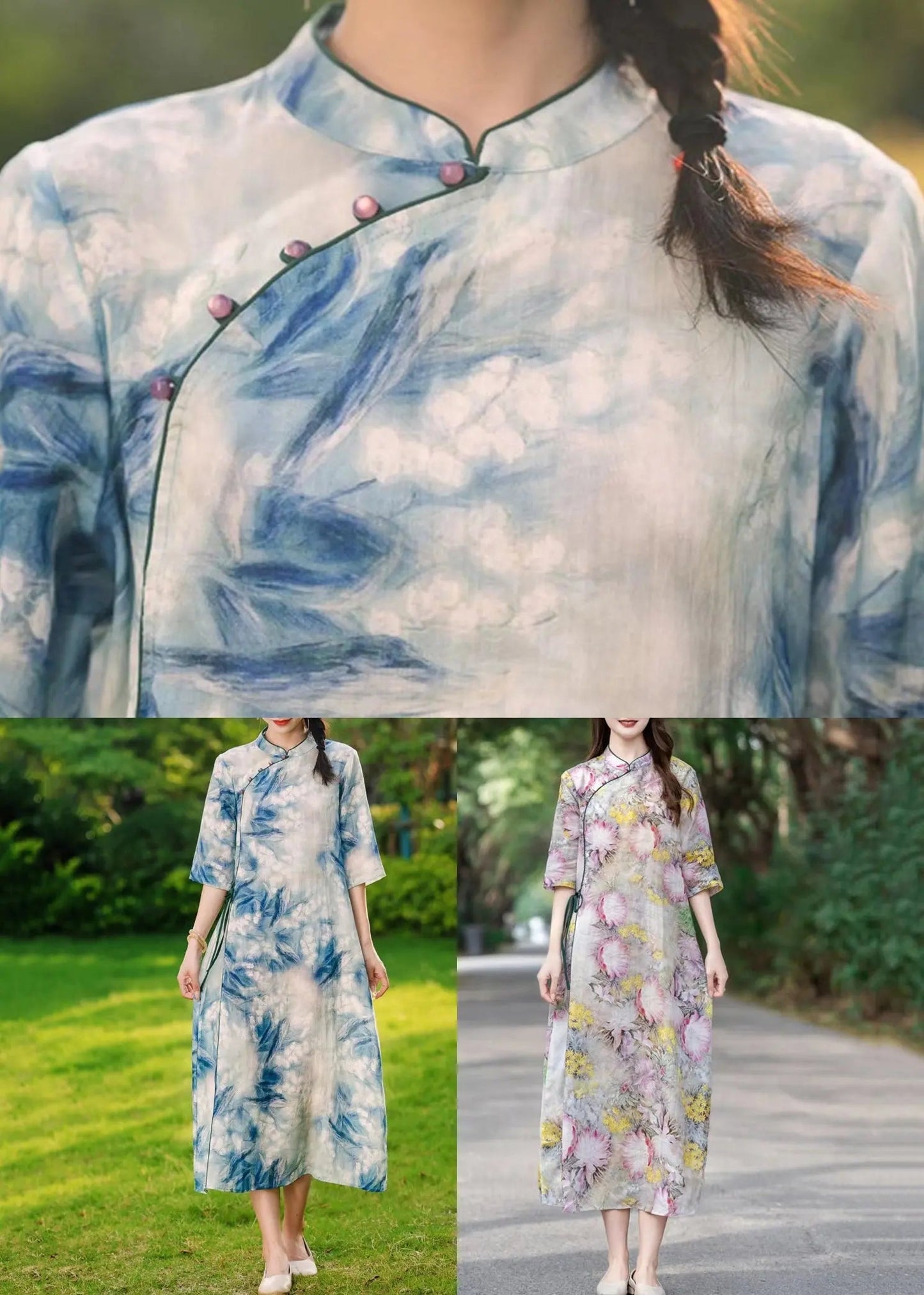 Blue Button Print Lace Up Linen Long Dresses Summer Cg1029