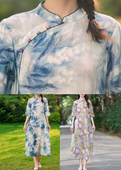 Blue Button Print Lace Up Linen Long Dresses Summer Cg1029