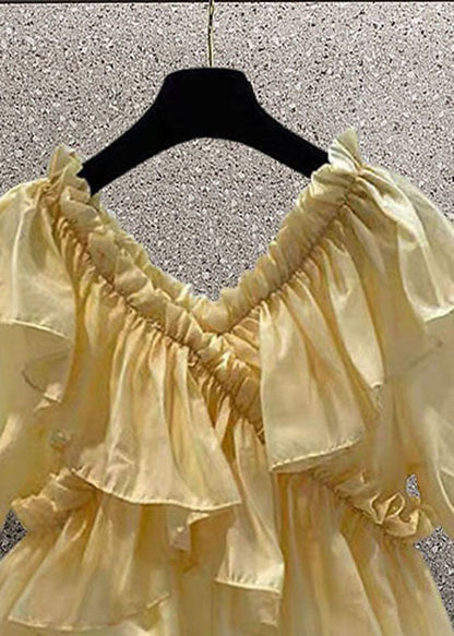 Yellow Patchwork Chiffon Blouses Ruffled V Neck Summer Ly0613