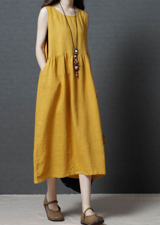 Yellow Patchwork Cotton Long Dress O Neck Wrinkled Sleeveless Lc0451