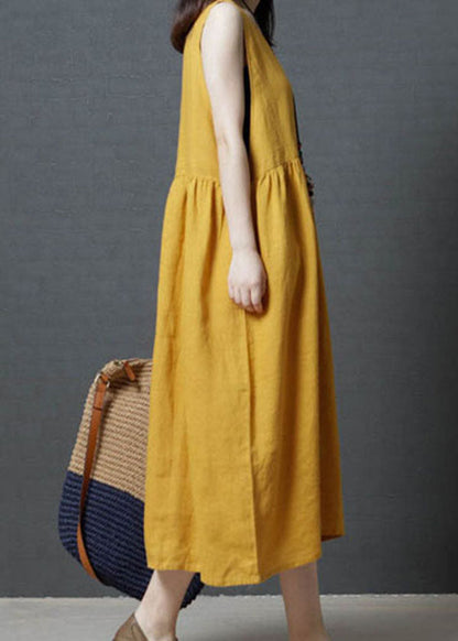 Yellow Patchwork Cotton Long Dress O Neck Wrinkled Sleeveless Lc0451
