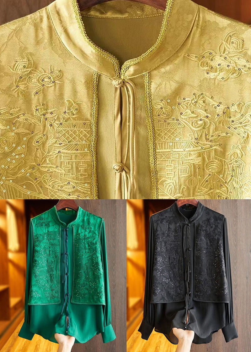 French Black Stand Collar Embroideried Patchwork Silk Blouses Spring Ly1672
