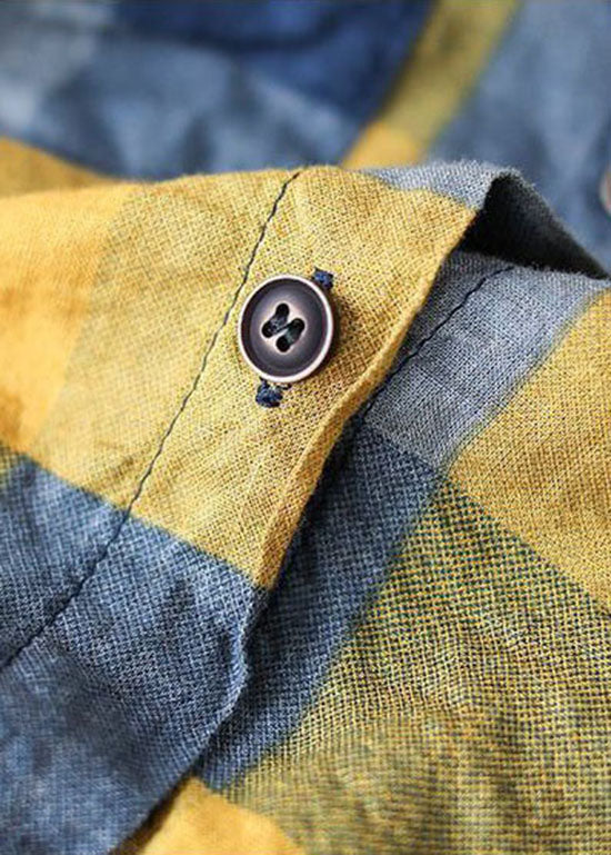 Yellow Plaid Cotton Blouse Top Peter Pan Collar Long Sleeve Ly0630