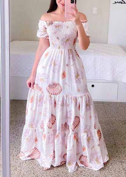 Yellow Print Cotton Long Dresses Wrinkled Short Sleeve Ww1064