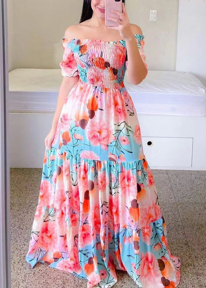 Yellow Print Cotton Long Dresses Wrinkled Short Sleeve Ww1064
