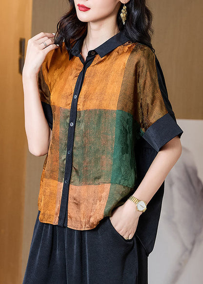 Yellow Print Patchwork Silk Blouses Peter Pan Collar Summer Tf1015