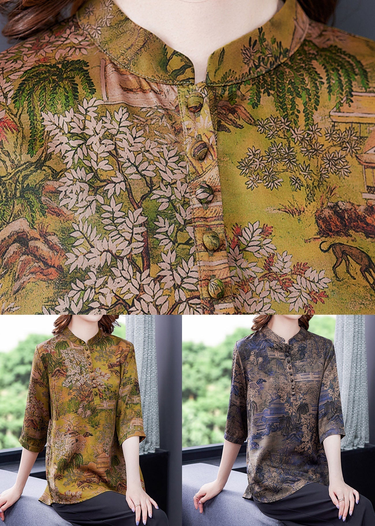 Blue Patchwork Print Button Silk Blouse Tops Summer Ly0427
