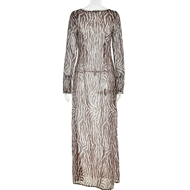 Zebra Print Long Sleeve Party Maxi Dress