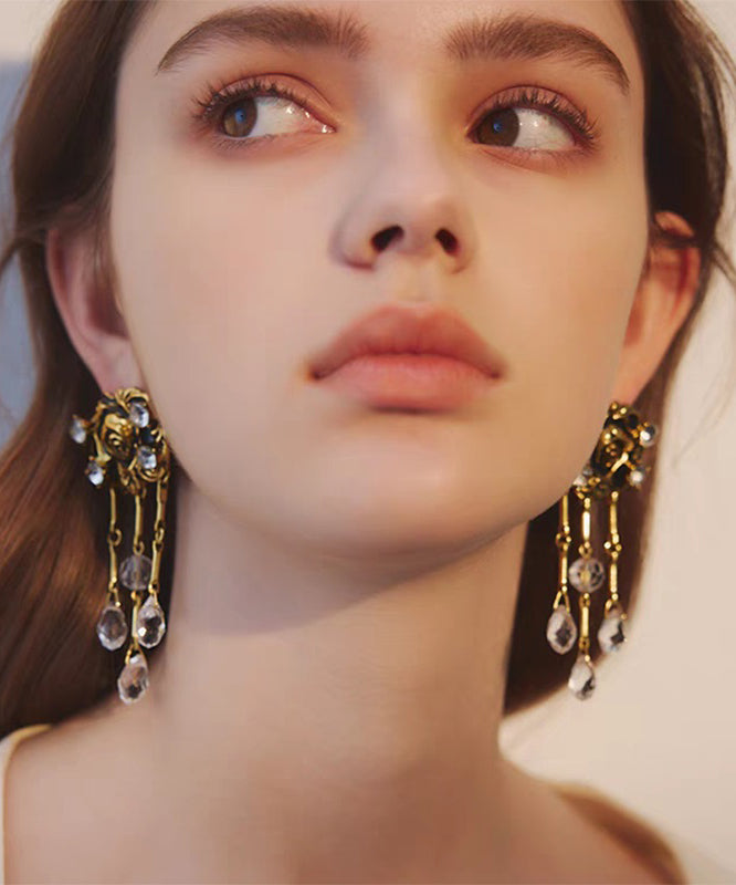 Gold Copper Overgild Crystal Tassel Drop Earrings