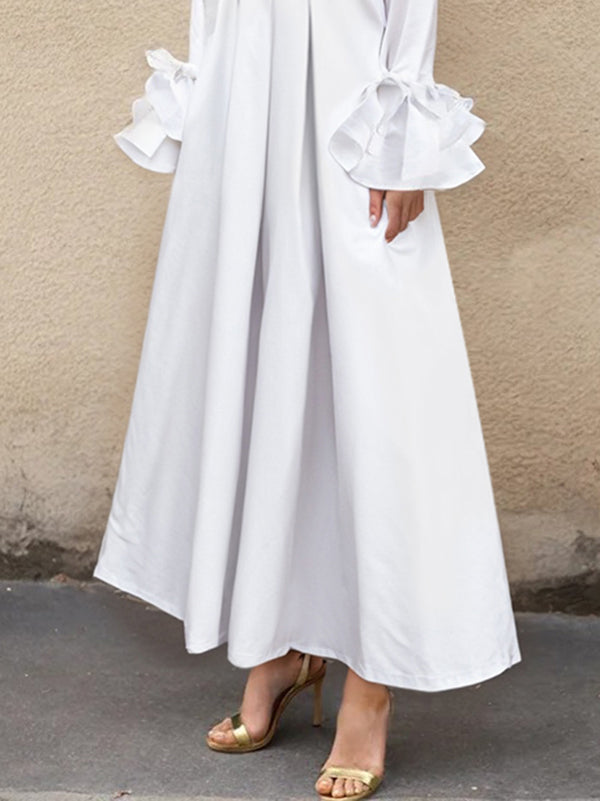 Flared Sleeves Pleated Color Split-joint Lapel Maxi Dresses Shirt Dress