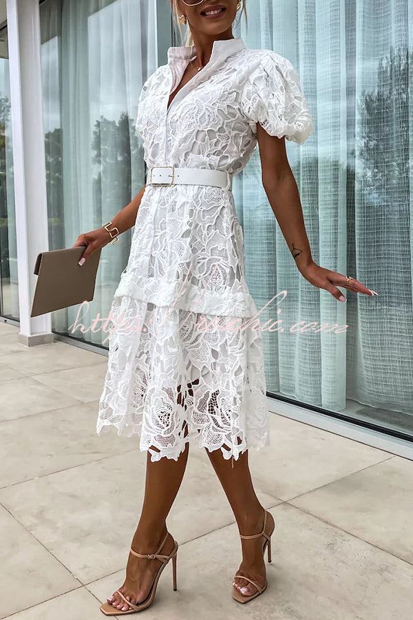 Absolutely Crochet Lace Puff Sleeve Belted Shirt Midi Dress