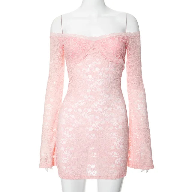 Off Shoulder See-through Lace Dress for Long Sleeve Slim Splice Beach Evening Mini Dress Female