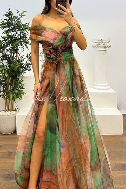 Jinnie Tulle Feather Pendant Pleated Off Shoulder Slit Maxi Dress