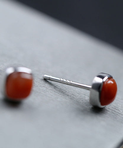 Red Sterling Silver Inlaid Agate Stud Earrings