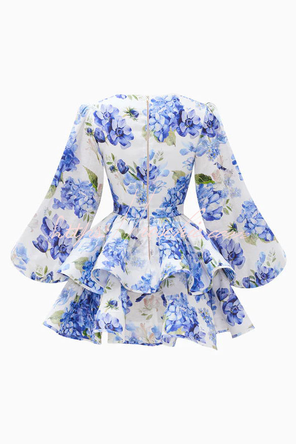 Feminine and Print Deep V-neck Balloon Sleeve Tiered Mini Dress