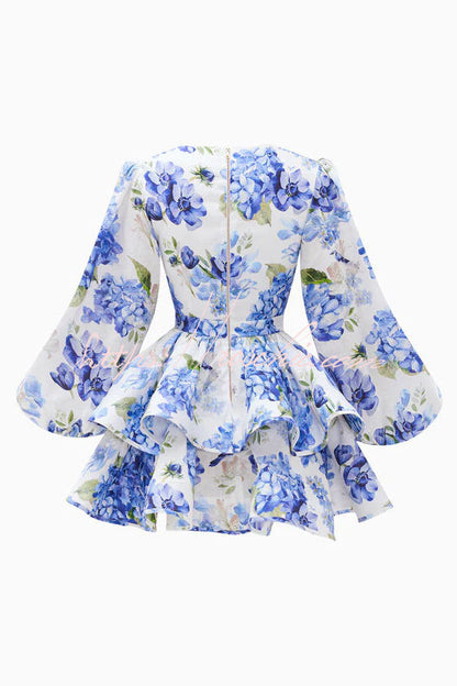 Feminine and Print Deep V-neck Balloon Sleeve Tiered Mini Dress