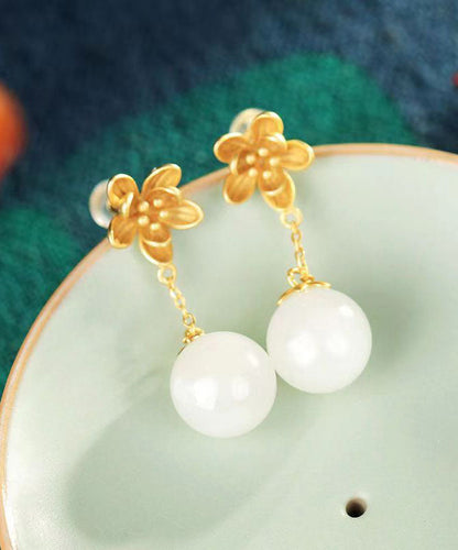 Skinny White Ancient Gold Jade Drop Earrings