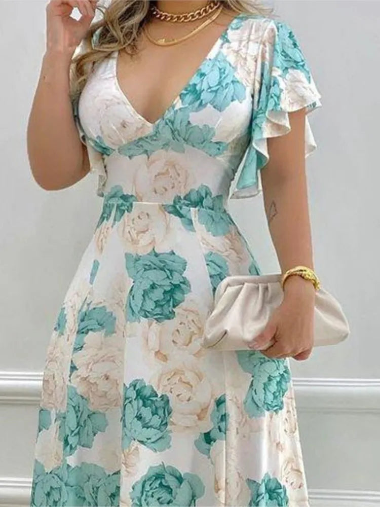 Summer New Flower Print Long Dresses Temperament V-neck Petal Short Sleeves Maxi Dress Lady Commuting Vestido