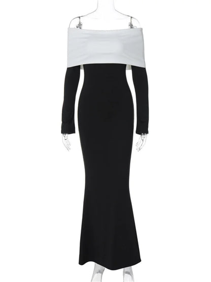 Off-shoulder Patchwork Slim Maxi Dress for Long Sleeve High Waist Backless Party Dress Female Autumn Outfit