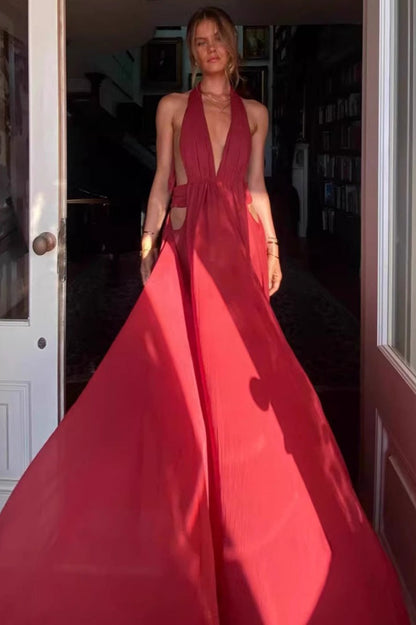 French Backless Halter V-neck Maxi Dress