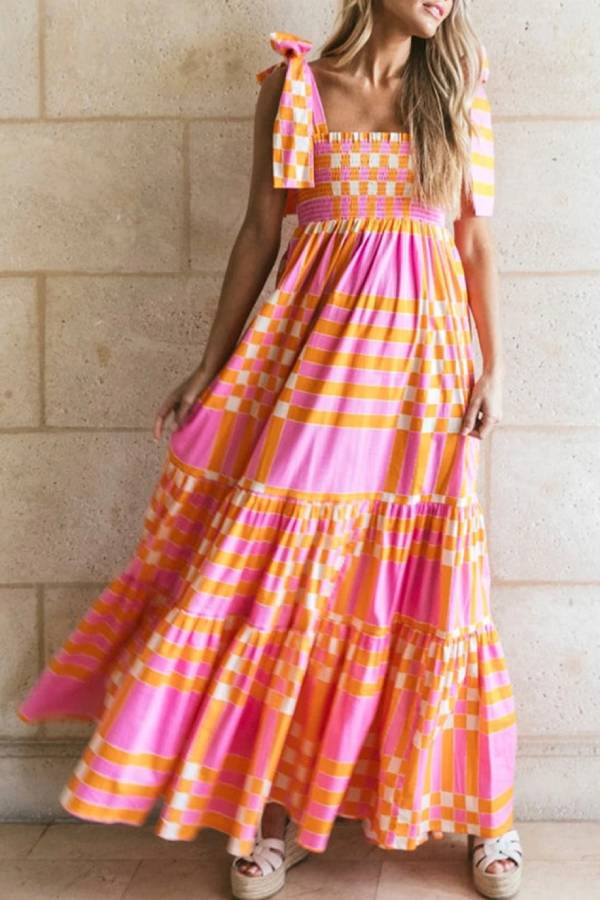 Pink Tie Strap Plaid \u0026 Striped Smocked Maxi Dress