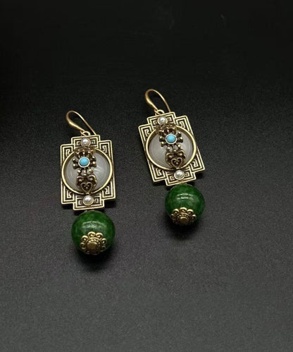 Green Ancient Gold Turquoise Safety Lock Pearl Drop Earrings