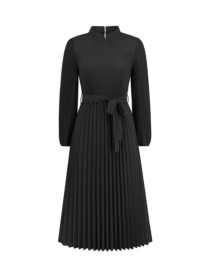 Bishop Sleeve High Waisted Hollow Pleated Color Tied Waist Mock Neck Midi Dresses