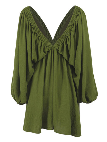 Long Sleeves Loose Elasticity Color V-back Deep V-neck Mini Dresses