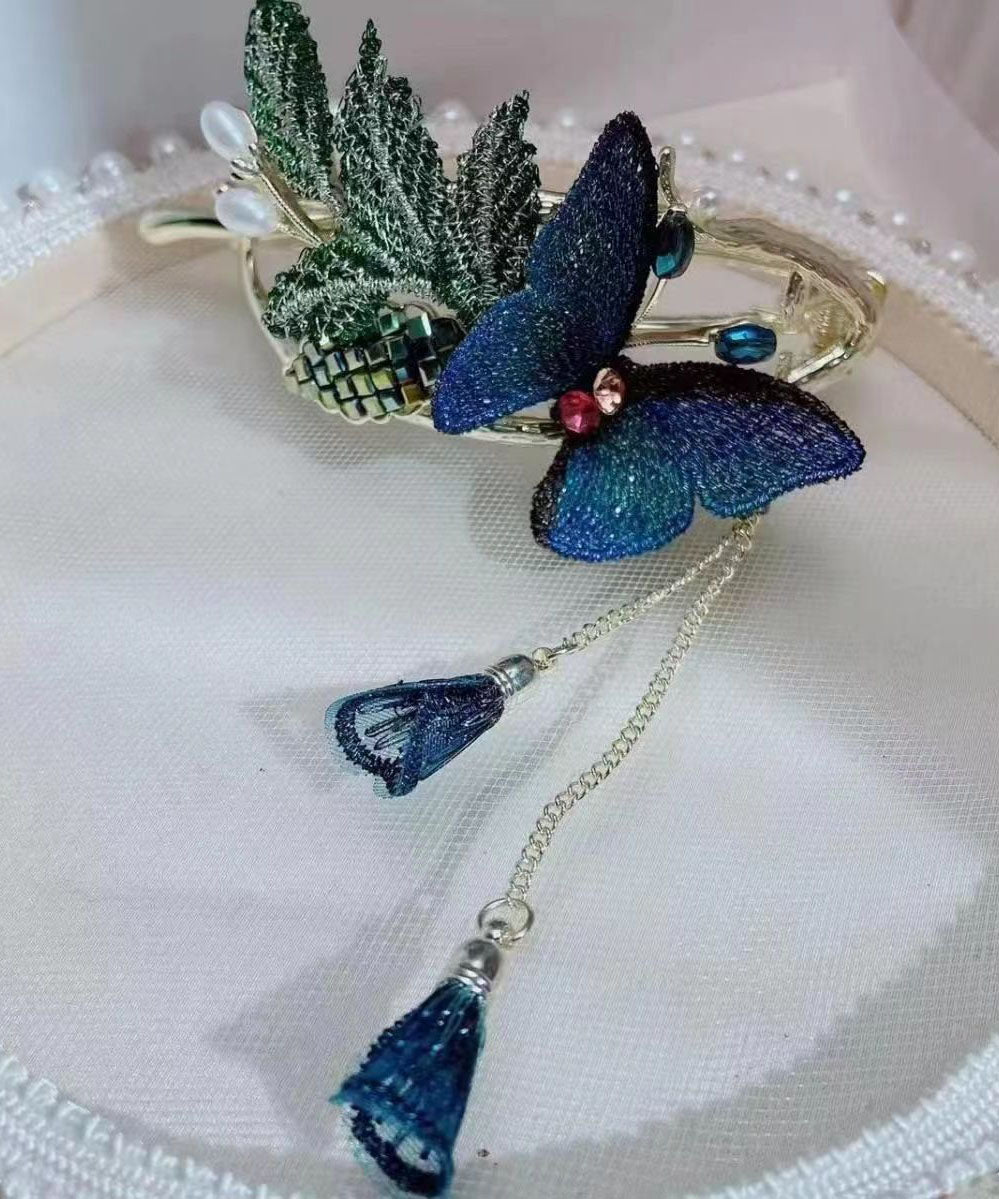 Diy Royal Blue Alloy Butterfly Zircon Tassel Hairpin