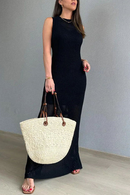 Knitted Round Neck Paneled Cutout Bodycon Maxi Dress