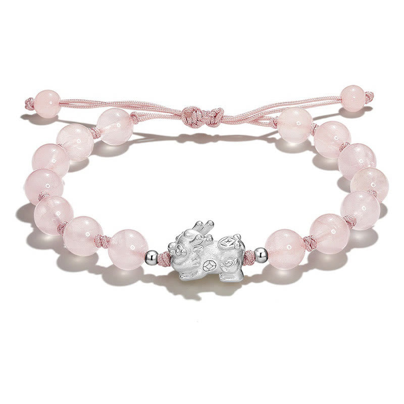 Buddha Stones Natural Black Obsidian Cat's Eye Pink Crystal Pixiu Strength Bracelet