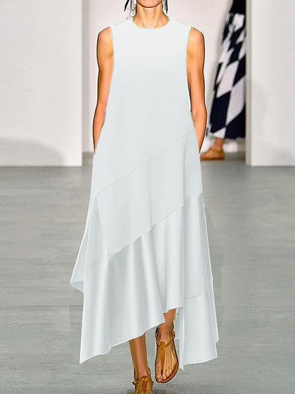 A-line Loose Asymmetric Pockets Ruffled Round-neck Maxi Dresses