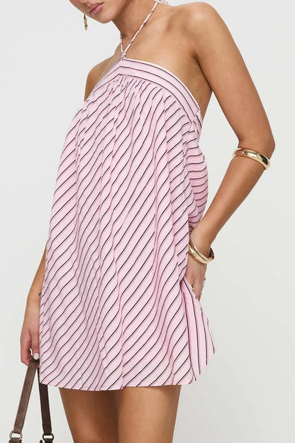Striped Halter Backless Mini Dress