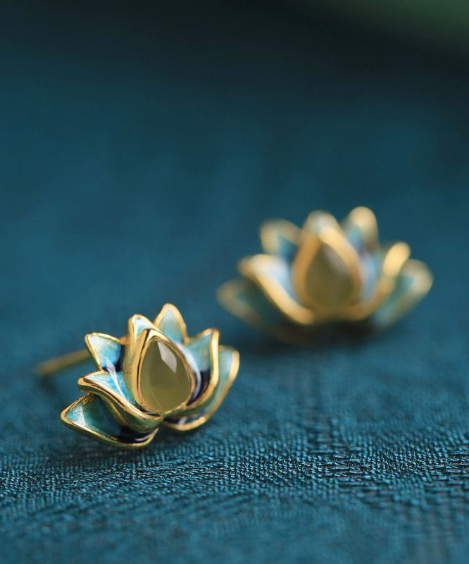 Gradient Color Blue Sterling Silver Jade Enamel Lotus Stud Earrings