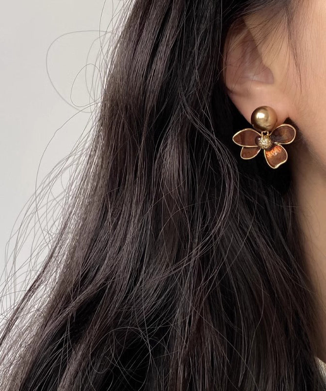 Coffee Copper Overgild Pearl Stud Earrings