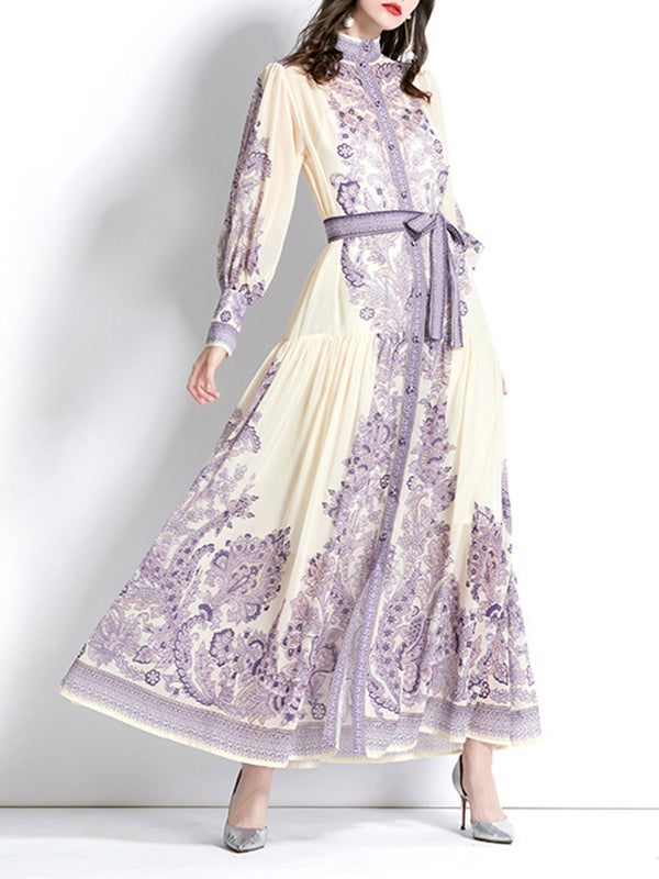 A-line Puff Sleeves Printed See-through Tied Waist Stand Collar Maxi Dresses