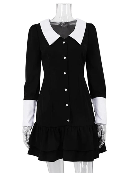 High Waist ’s Evening Dress Retro Splice Long Sleeve Turn Collar Folds Mini Dress Woman Party Wedding Dresses
