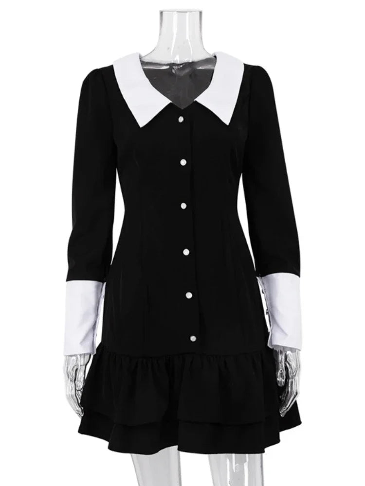 High Waist ’s Evening Dress Retro Splice Long Sleeve Turn Collar Folds Mini Dress Woman Party Wedding Dresses