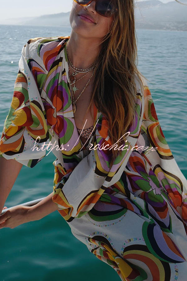 Boat Days Unique Print Balloon Sleeve Pocketed Loose Robe Maxi Dress