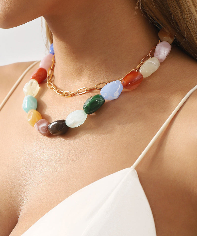 Rainbow Alloy Resin Beading Double-layer Gratuated Bead Necklace