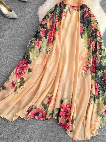 Evening Party Dress V-neck Printed A-line Long Dresses Sleeveless Slim A-line Chiffon Long Robe