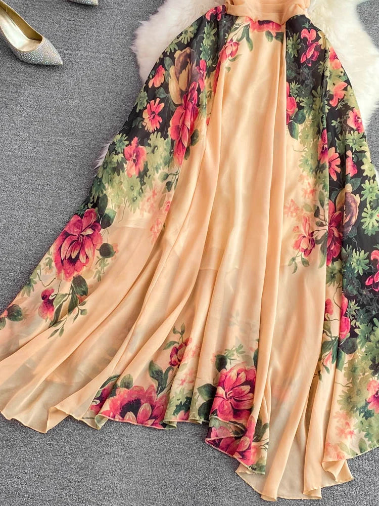 Evening Party Dress V-neck Printed A-line Long Dresses Sleeveless Slim A-line Chiffon Long Robe