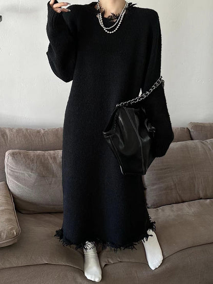 High Waisted Long Sleeves Fringed Color Round-neck Midi Dresses Sweater Dresses