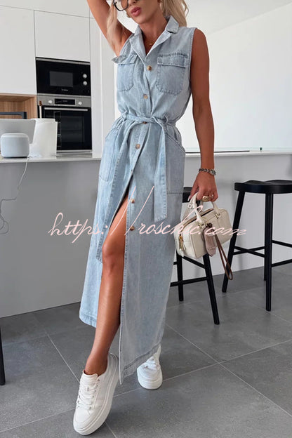 Color Sleeveless Single Breasted Waist Tie Pocket Denim Midi Dress